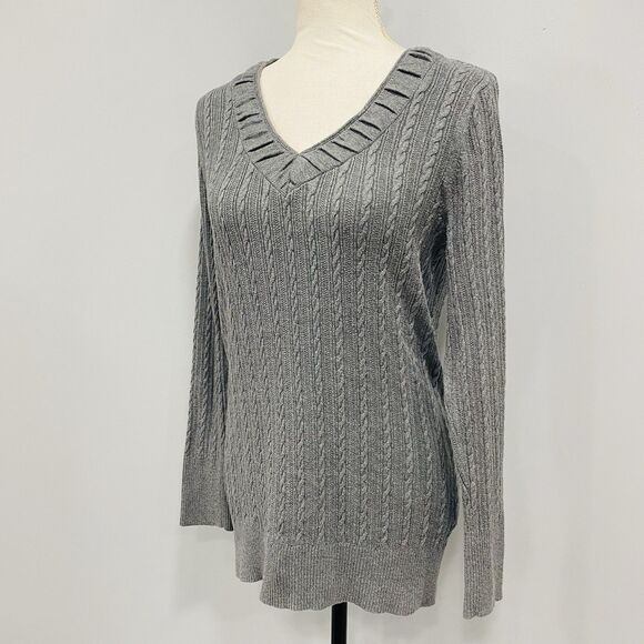 EDDIE BAUER M Y2K Gray Cable Knit V-Neck Long-Sleeve Sweater Bella Swan Preppy - Picture 6 of 16